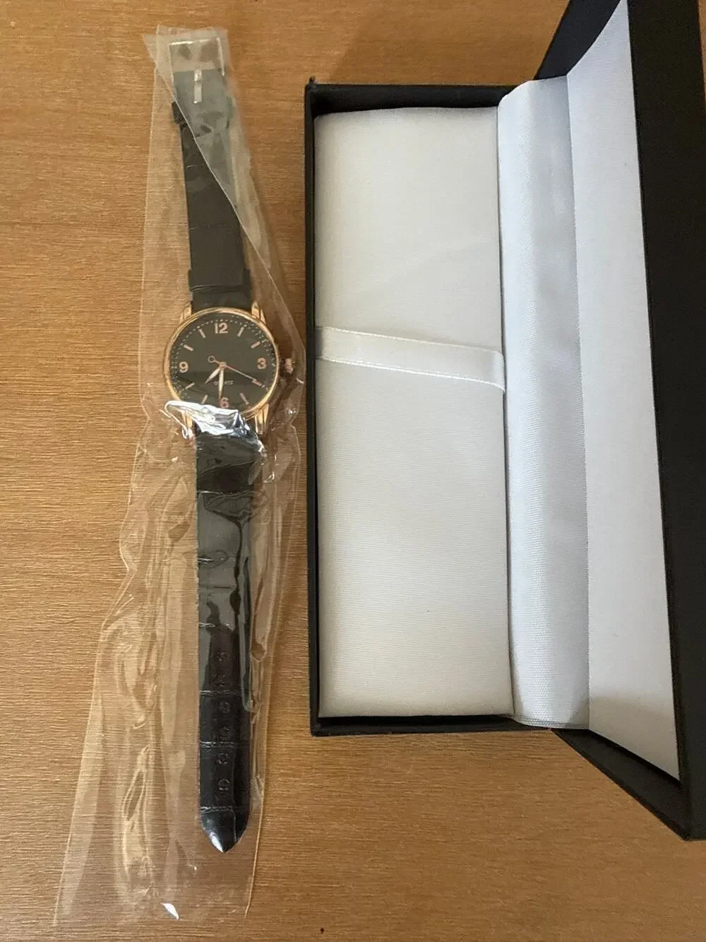 Rose Gold Tone Quartz Wristwatch Black Face Croc Style Strap New with Box